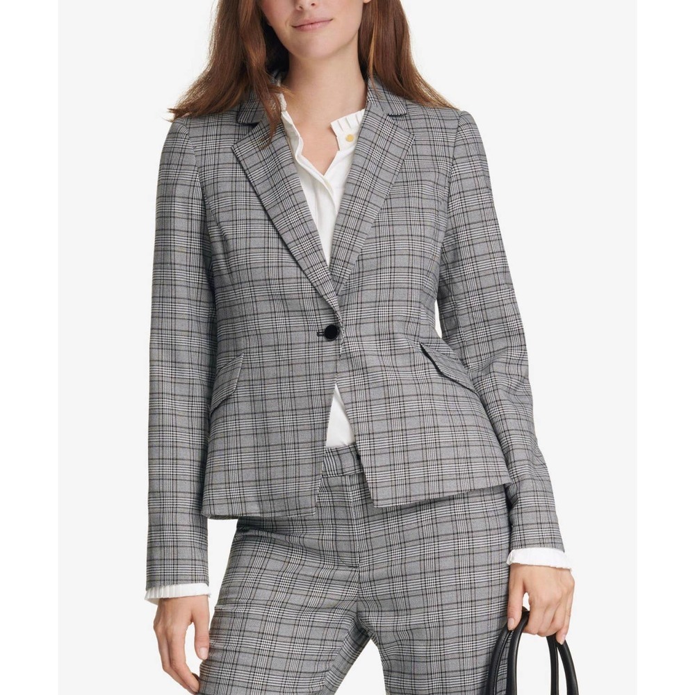 💚 Calvin Klein Women's Petite Plaid Single-Button Blazer size 2‎